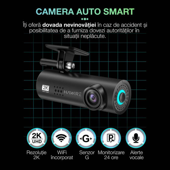 Camera auto smart, HAWIRE, LF9 Pro, HD 1080P, Android/iOS, compacta, unghi larg 170°, G-Sensor, vedere nocturna, Wifi incorporat, control vocal, Inregistrare in bucla