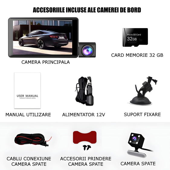 Camera auto tripla de bord HAWIRE Full HD, unghi 170°, LCD 4 inch, Night Vision, Camera marsarier, Card 32GB inclus