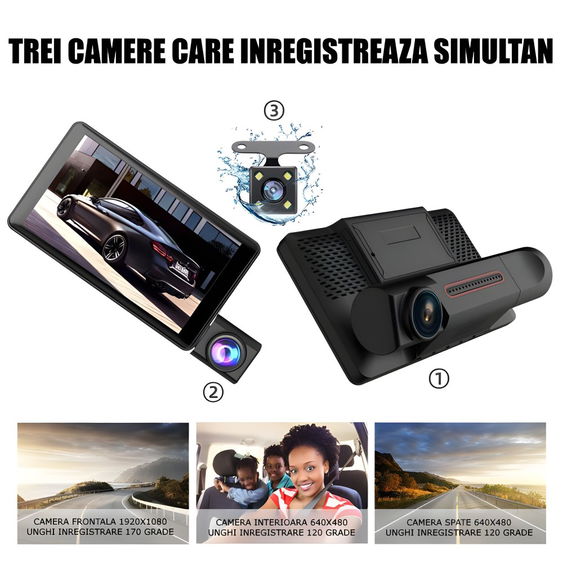 Camera auto tripla de bord HAWIRE Full HD, unghi 170°, LCD 4 inch, Night Vision, Camera marsarier, Card 32GB inclus