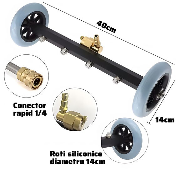  Dispozitiv de spalat sub presiune pe roti HAWIRE KR-4, Doua functii de curatare, 4 duze de pulverizare, 3 tije prelungire, Compatibil cu Karcher K2-K7 