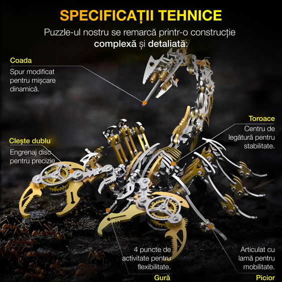 Puzzle mecanic 3D, HAWIRE DJD-009, Model scorpion DYI, Metalic, 420 piese, 18X17X11cm, Bronz