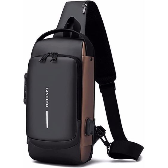  Rucsac de umar inteligent HAWIRE, Port incarcare USB, Compartiment laptop/tableta, Impermeabil, Anti furt, Negru/Maro 