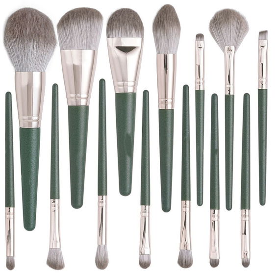 Set 14 pensule HAWIRE machiaj profesional, maner din lemn, elemente metalice aurii, aspect elegant, par sintetic, cu husa si cilindru depozitare, verde