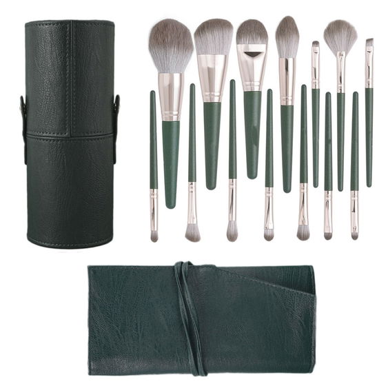 Set 14 pensule HAWIRE machiaj profesional, maner din lemn, elemente metalice aurii, aspect elegant, par sintetic, cu husa si cilindru depozitare, verde