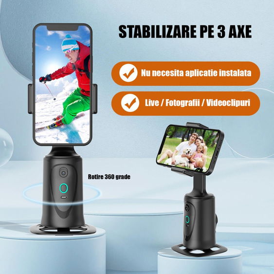 Suport telefon cu urmarire automata persoane HAWIRE Q9, Rotire 360 grade orizontala, Iluminare LED, Recunoastere faciala, Telecomanda Wireless