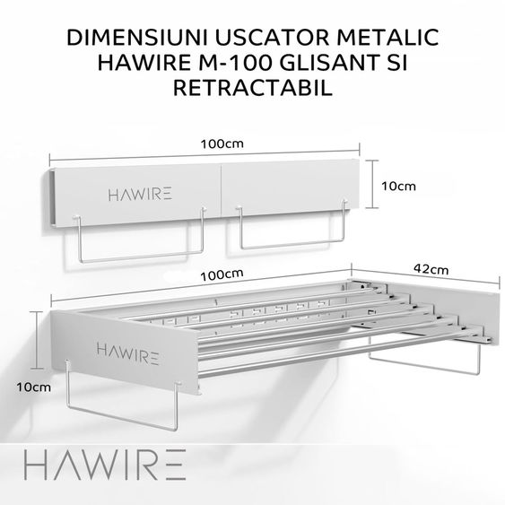 Uscator de rufe metalic glisant HAWIRE M-100, Montabil pe perete, Retractabil, 100X40cm, Alb